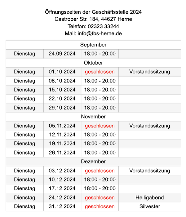 Öffnungzeiten